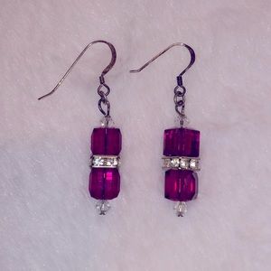 Purple Crystal Bead and Rhinestone Dangle Earrings